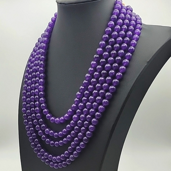 1025 Cts Natural 5 Strand Amethyst Round Shape Beaded Natural Gemstone Necklace - Picture 3 of 6